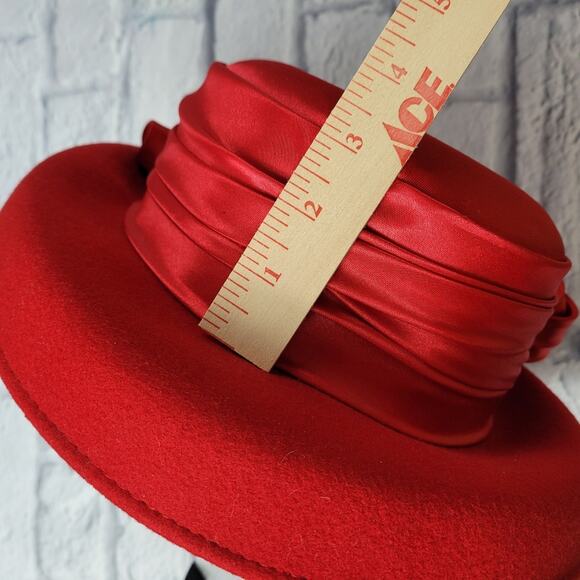 Red Wool Ladies Hat with Ribbon Trim & Feathers